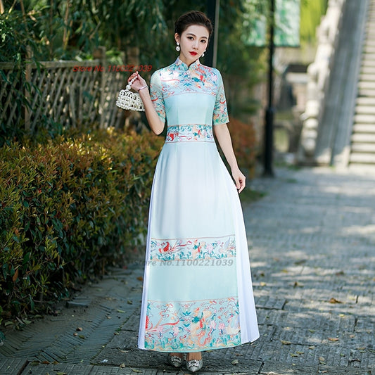2024 vietnam traditional ao dai  dress national flower print cheongsam oriental image 0