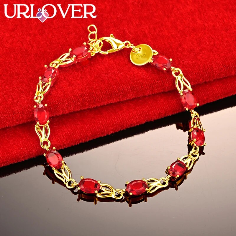 URLOVER 24K Gold Bracelet For Woman Red Zircon Crystal Rabbit Ear Link Bracelet image 2