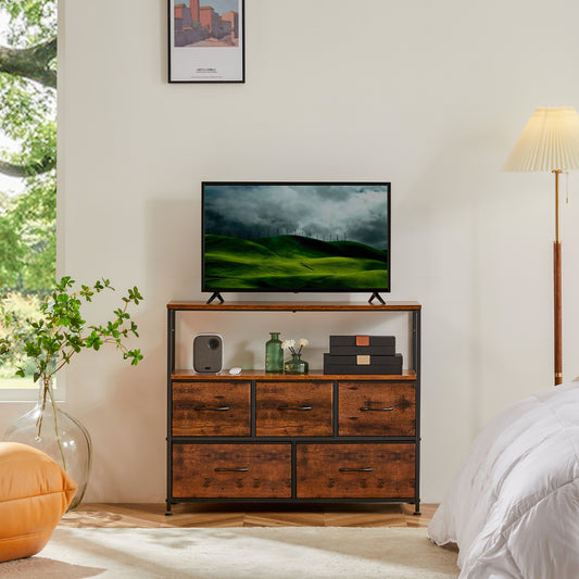 JHK TV Stand Dresser For Bedroom With 5 Fabric Drawers Storage Closet Chest Clo image 0