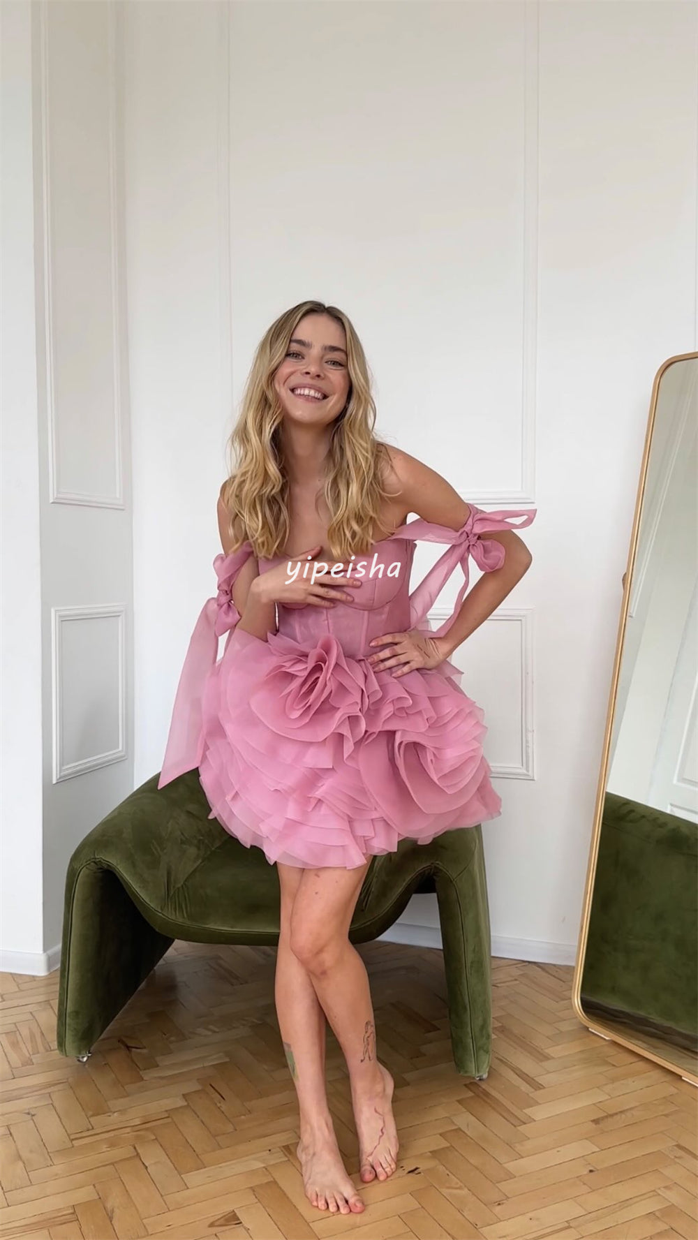 Unisex Organza Pleat Ruched Bow Ball Sweetheart Mini Dresses Homecoming Dresses image 3