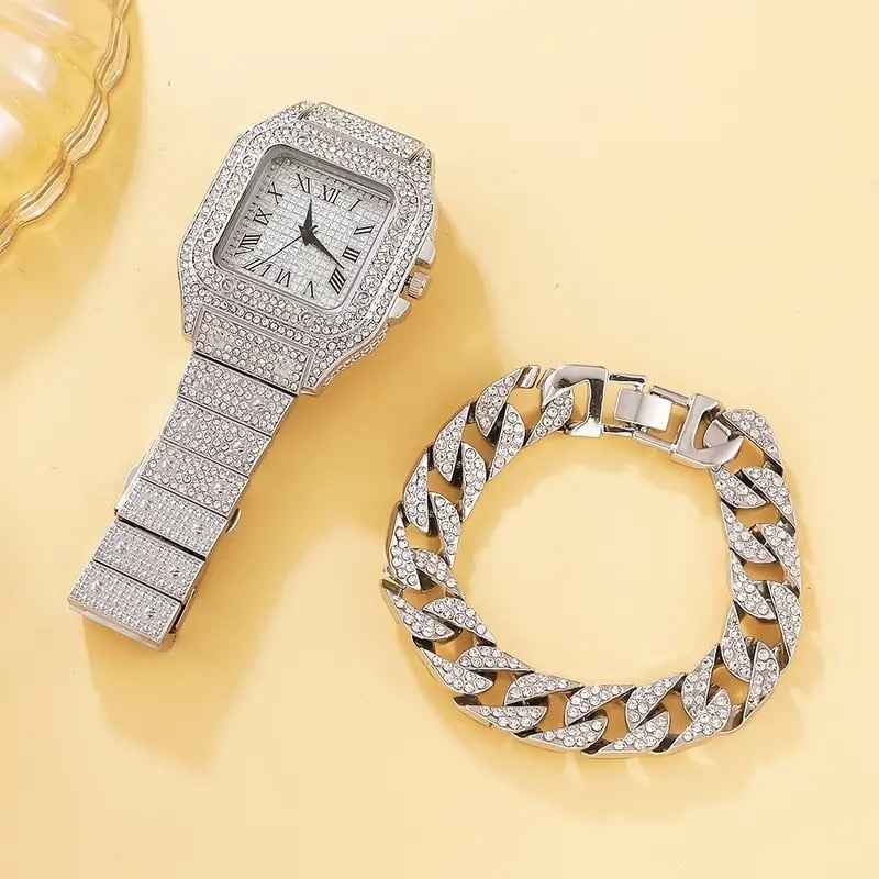 2Pcs Set Diamond Women Watches Gold Watch Ladies Wrist Watches Luxury Brand Rhi image 4
