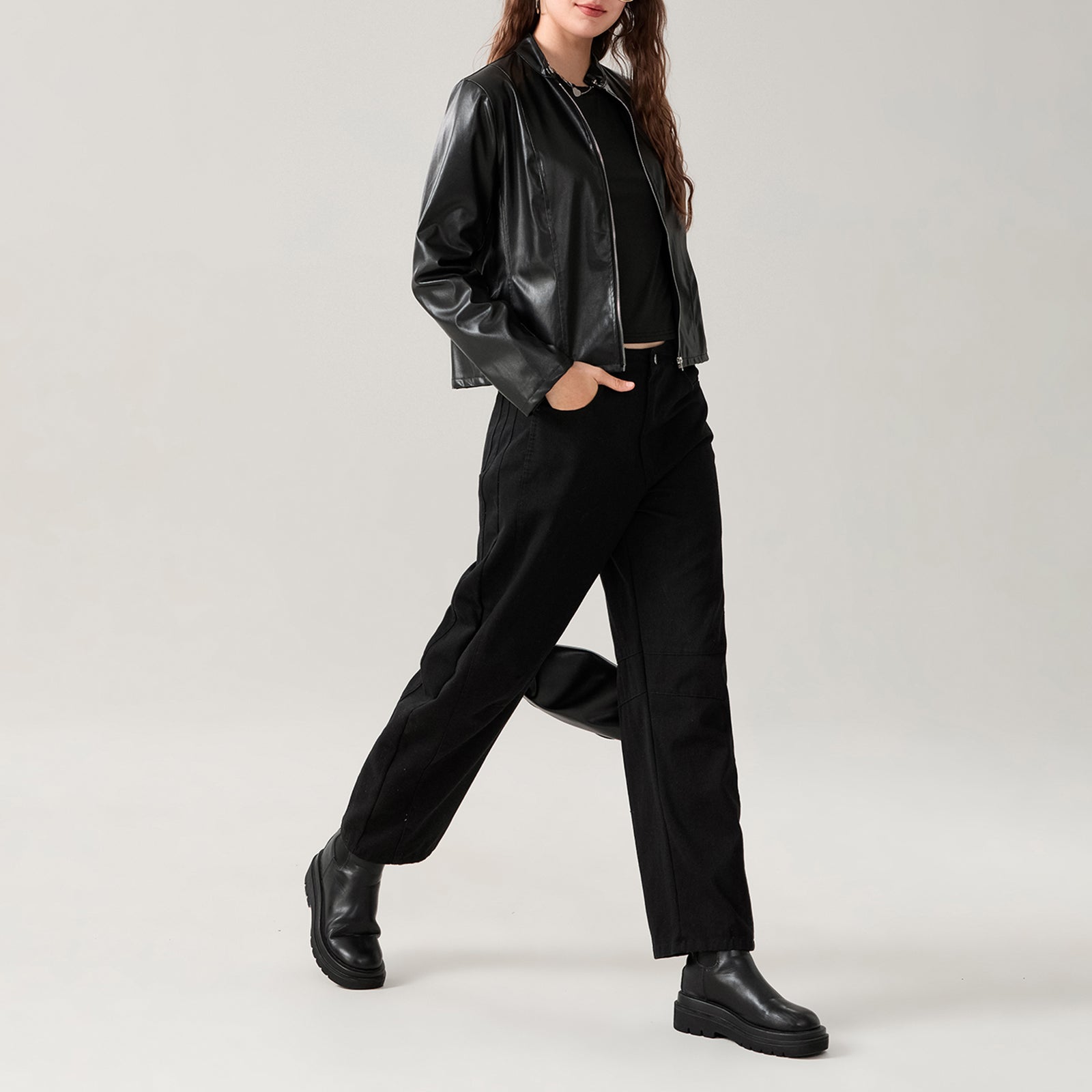 Women's Faux Leather Jacket Slim Moto Biker Jacket Outerwear Long Sleeve Zipper image 9