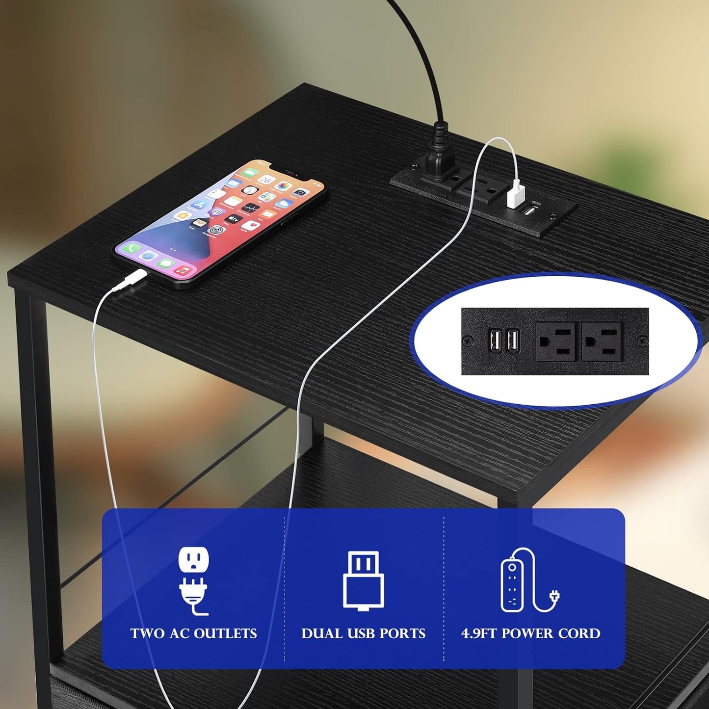 Nightstand with Charging Station Side End Table Fabric Sliding Storage Drawer B image 2