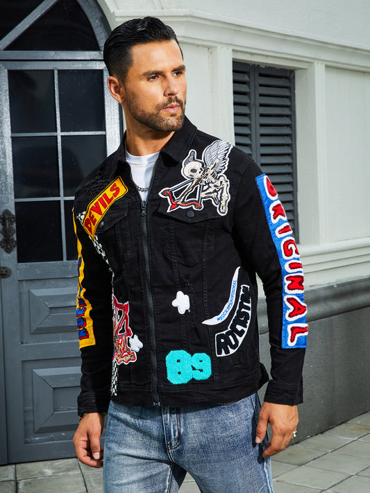Men's stretch denim jacket, cat creases wash water, full embroidered seal desig image 0
