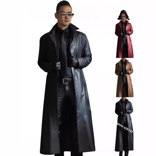 Fashionable Extended Length PU Leather Jacket for Men Solid Color Slim Fit Oute image 0