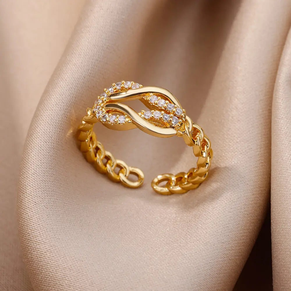 Fashion Gold Color Stainless Steel Rings For Women Chain Hollow Out Crystal Zir image 17