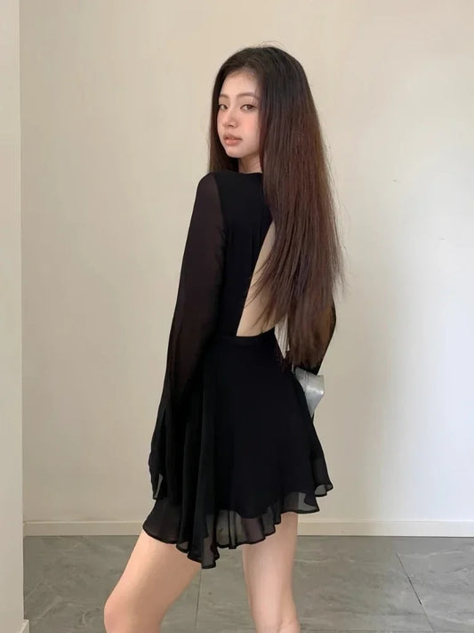 HOUZHOU Backless Black Dress Women Elegant Back Hollow Out Lace-up Long Sleeve image 0