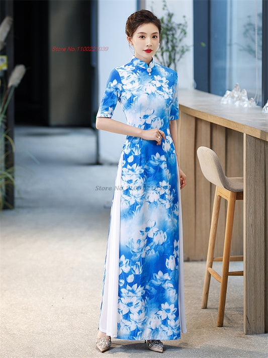 2024 chinese improved qipao dress vintage flower print vietnam ao dai dress ele image 0