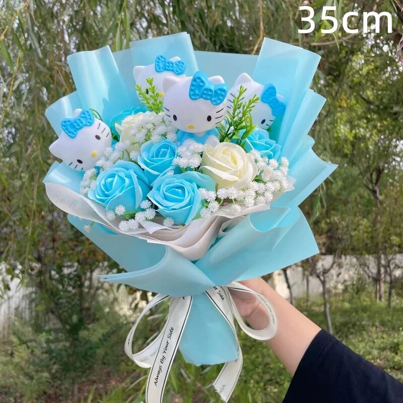 Kawaii Hello Kitty Cat Plush Dolls  Rose Soap Flowers Bouquet Christmas Valenti image 2