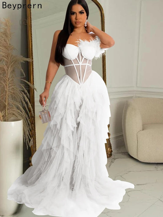 Beyprern Beautiful Ruffles Chffion Party Feather Maxi Dress Elegant Sheer Mesh image 0