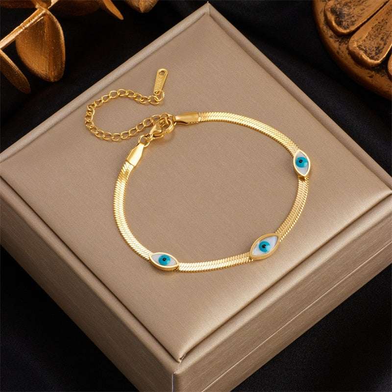 DIEYURO 316L Stainless Steel Blue Eye Charm Bracelet for Women Rustproof Gold C image 4