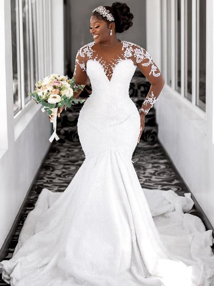 Luxury Sheer O-neck Mermaid Wedding Dress for Bride Robe De Mariée Dubai Africa image 0