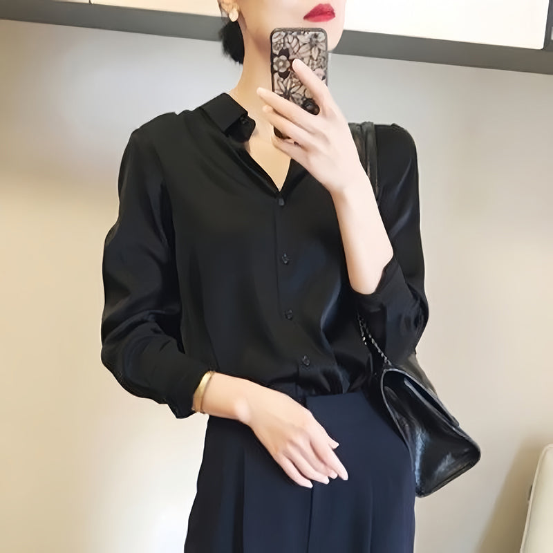 All-match Satin Finish Shirts And Blouses Women Clothing Casual Top OL Long Sle image 1