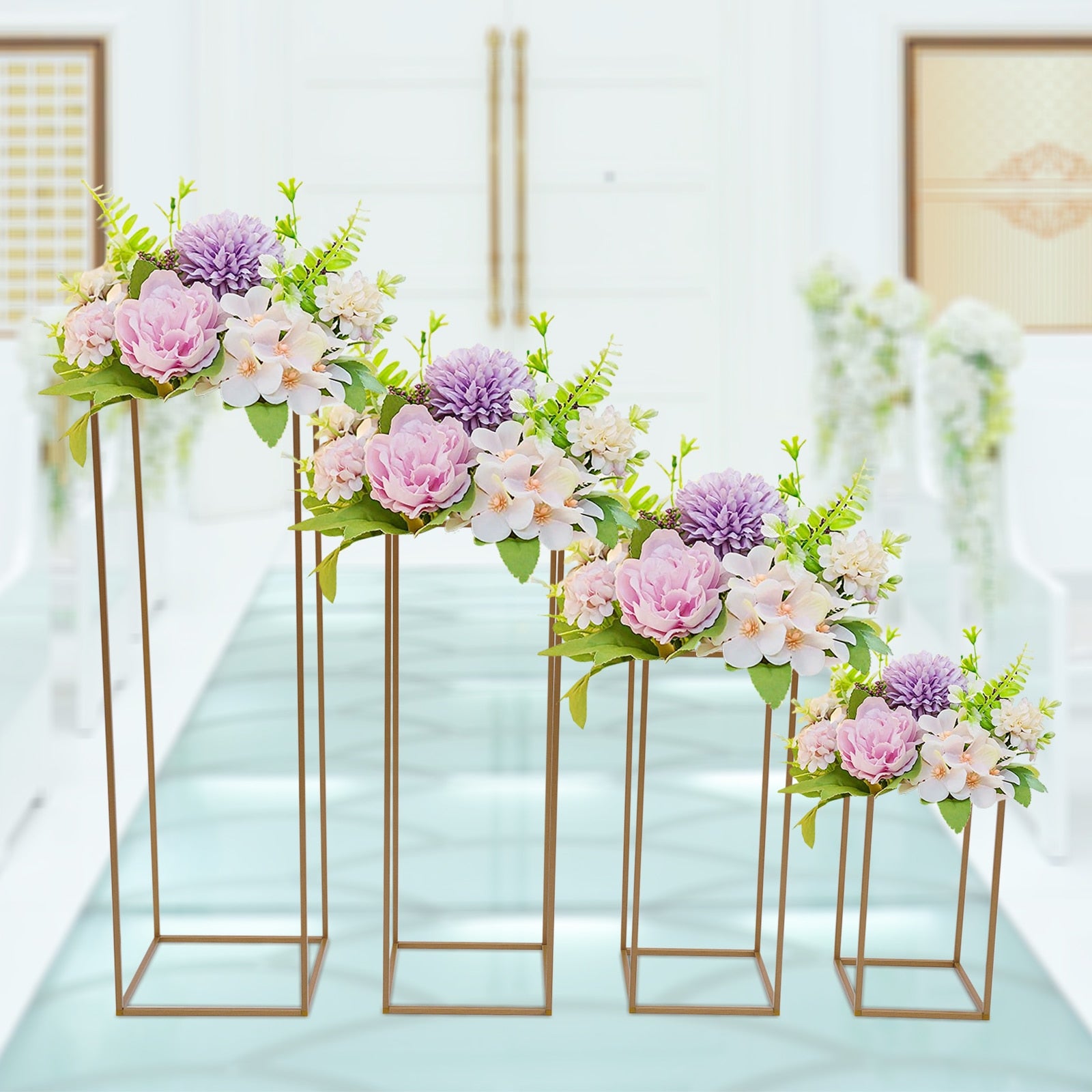 4PCS Flower Stand Gold Rectangular Metal Flower Rack Vase Stand Column Wedding image 3