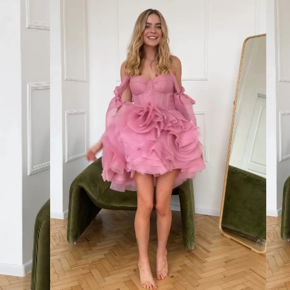 Unisex Organza Pleat Ruched Bow Ball Sweetheart Mini Dresses Homecoming Dresses image 1