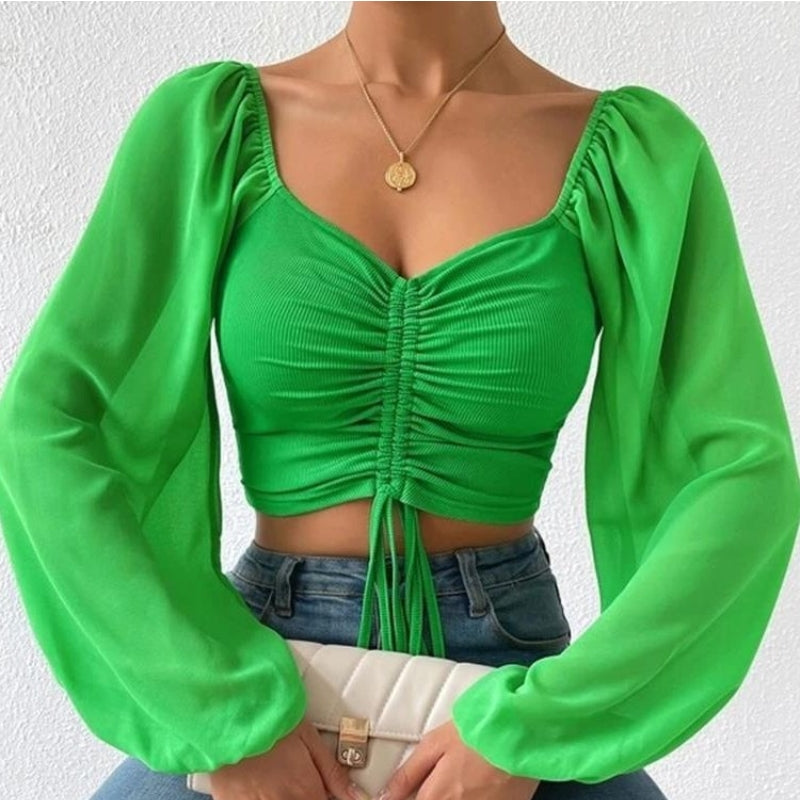 ALLUKASA Sexy Mesh Lantern Sleeves Drawstring Wrap Chest Bare Midriff T Shirt W image 9