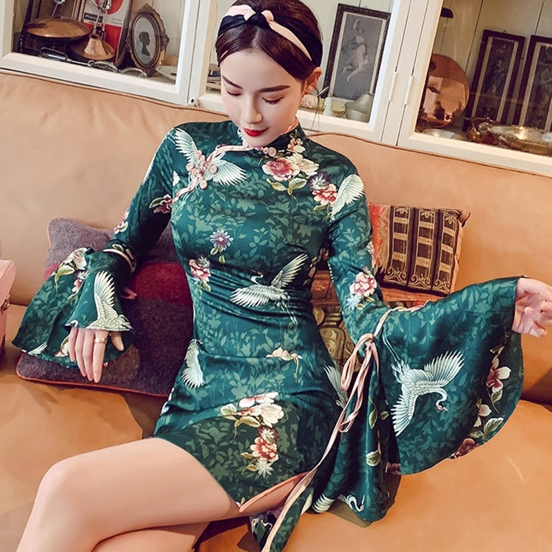 Vietnam Traditional Dress Midi Elegant Chinese Dresses Cheongsam Green Long Sle image 6