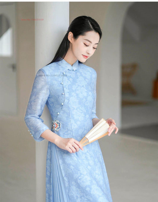 2024 ao dai vietnam traditional dress national flower print embroidery improved image 0