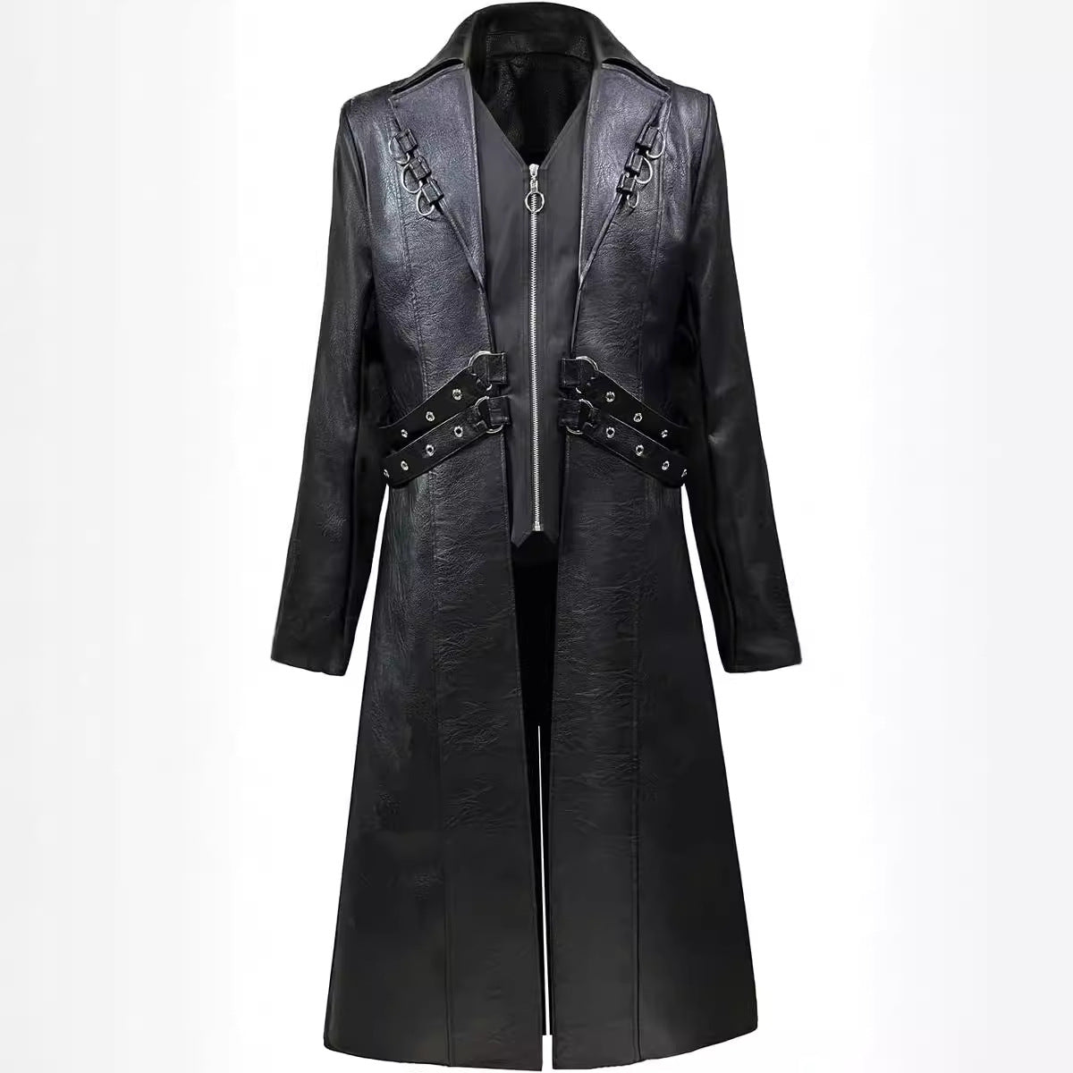 Men Steampunk Faux Leather Vintage Jacket Medieval Trench Coat Long Outwear Win image 1