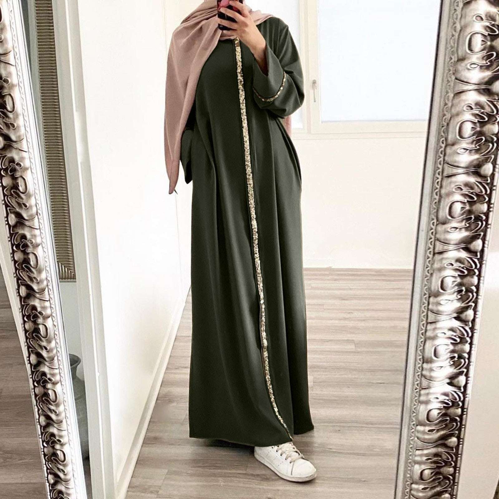 Muslim Robe Fashion Splicing Panelled Sequins Dress Solid Color Chiffon Dress F image 3