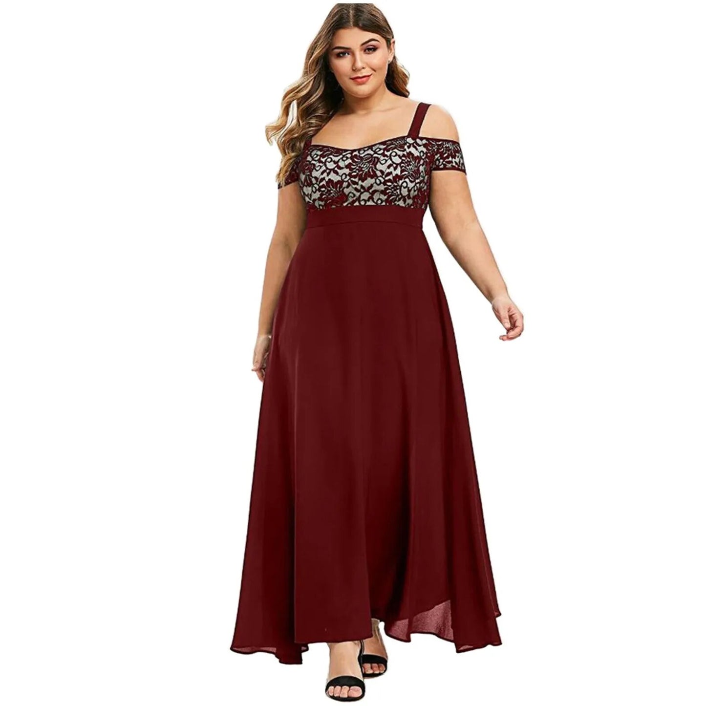 Plus Size Women Plus Size Cold Shoulder Floral Lace Maxi Party Evening Camis Lo image 9