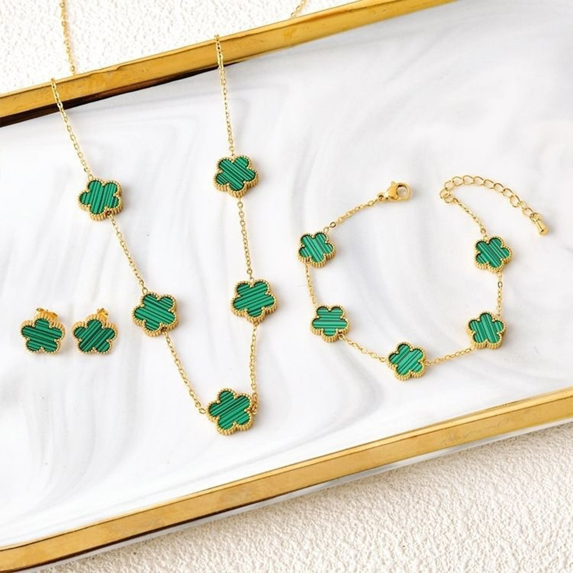 3Pcs 18k Gold-Plated Five-Leaf Flower Necklace Earrings Bracelet Jewelry Set Fo image 4