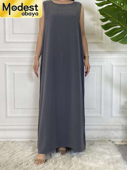 Modest Abaya Femme Casual Vestido All-Match Sleeveless Inner Dress Muslim For W image 0