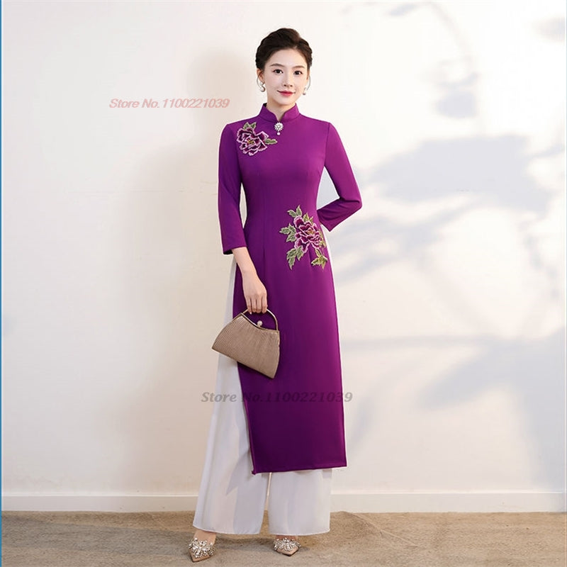 2024 vietnam vintage dress national flower embroidery oriental qipao dress+pant image 4