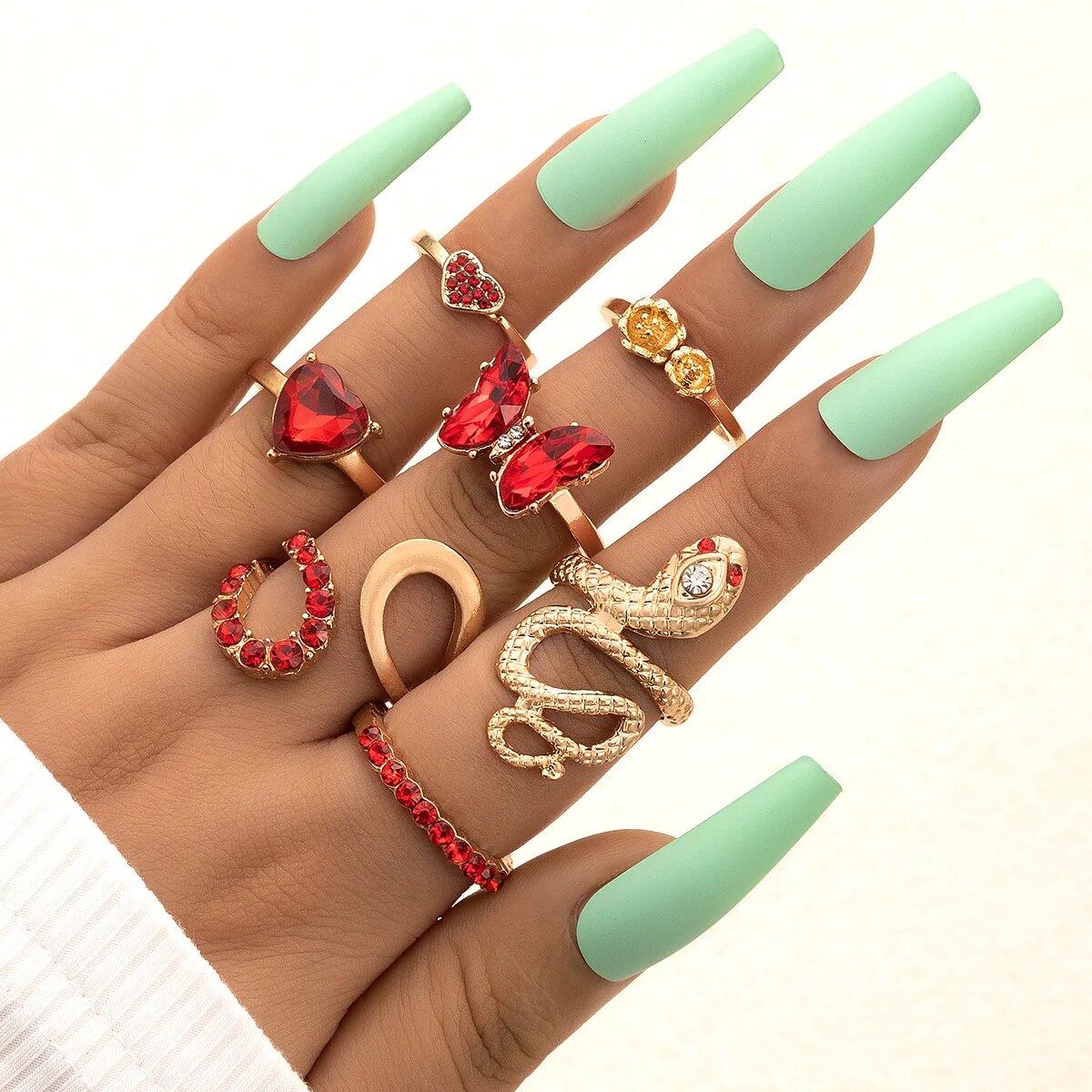 Colorful Crystal Snake Shape Ring Set For Women Fashion Butterfly Heart Gold Co image 16