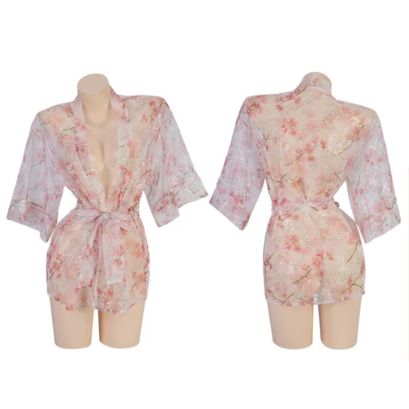 Japanese Perspective Clothes Pink Printing Kimono Lingerie Pajamas See-thr image 2