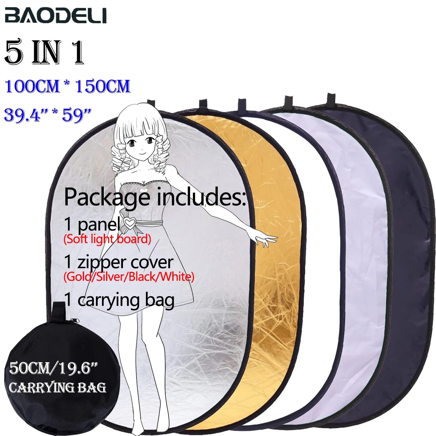 100x150cm 5 in 1 Portable Collapsible Light Oval Photography Reflector for Stud image 5