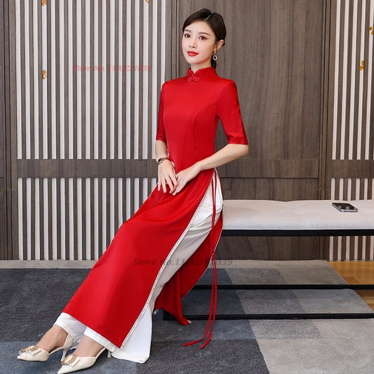 2024 vietnam aodai dress cheongsam national flower embroidery dress+pants set i image 0