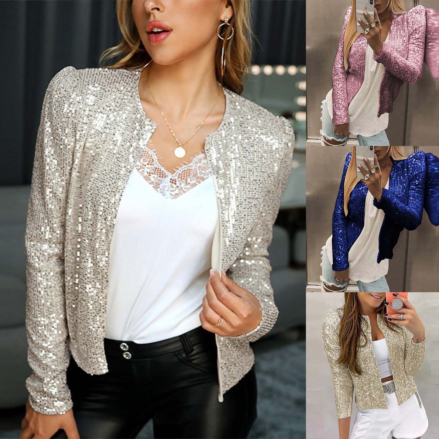 2024 Women's Sequin Casual Cropped Jacket Fashion Long Sleeve Solid Color Blaze image 2