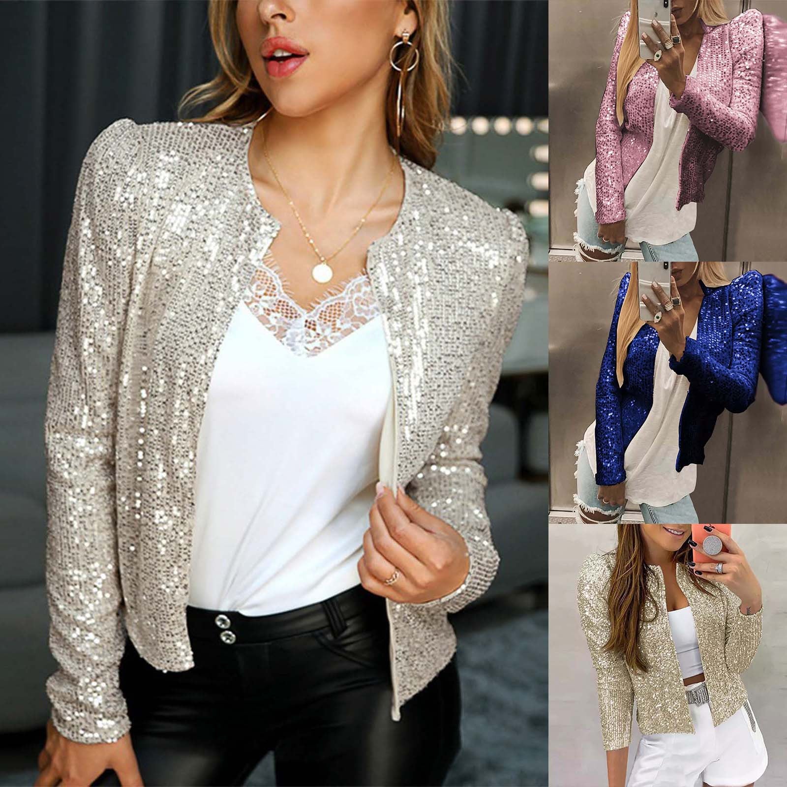 2024 Women's Sequin Casual Cropped Jacket Fashion Long Sleeve Solid Color Blaze image 2