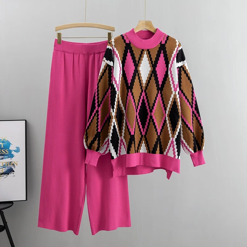 Loose Knitted Two Piece Women Sets Casual Loungewear Knit Sweater Pants Suit Wi image 4