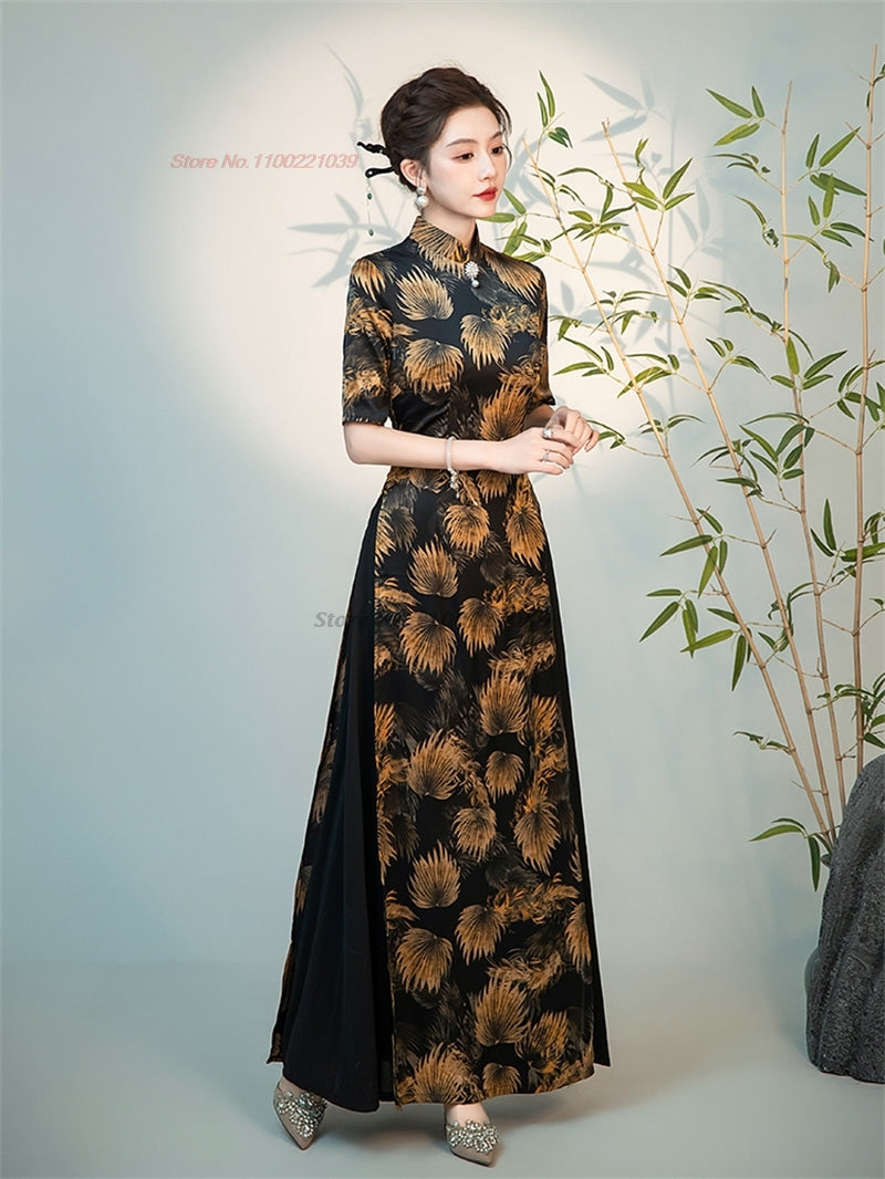 2024 vietnam traditional dress aodai chinese vintage qipao national flower prin image 2