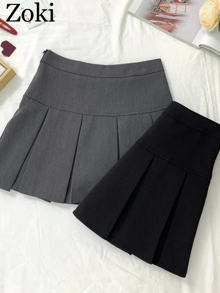 ZOKI  Vintage Gray Pleated Skirt Women Kawaii High Waist Mini Skirts Korean Fas image 6