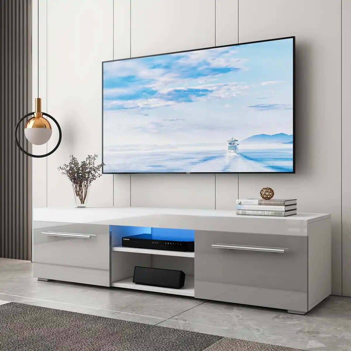 51'' High Gloss Modern TV Unit Bracket with LED Light TV Stands Living Room Fur image 1