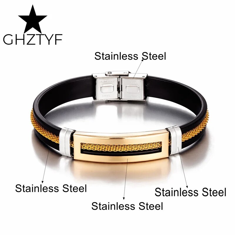 Golden Chain Stainless Steel Bracelets for Men Women Teens Black Rubber Belt Wr image 6