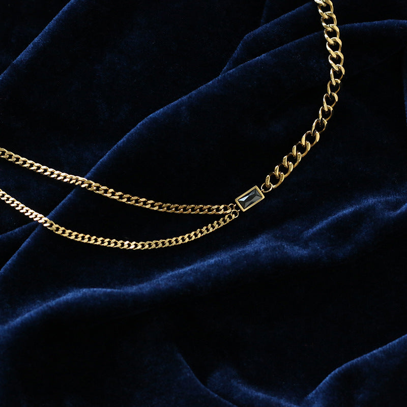 Titanium With 18 K Gold Black Zircon Double Chian  Necklace Women Stainless Ste image 0