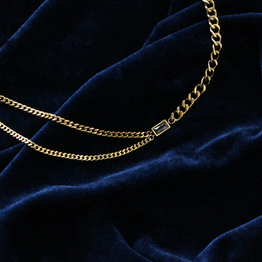 Titanium With 18 K Gold Black Zircon Double Chian  Necklace Women Stainless Ste image 0