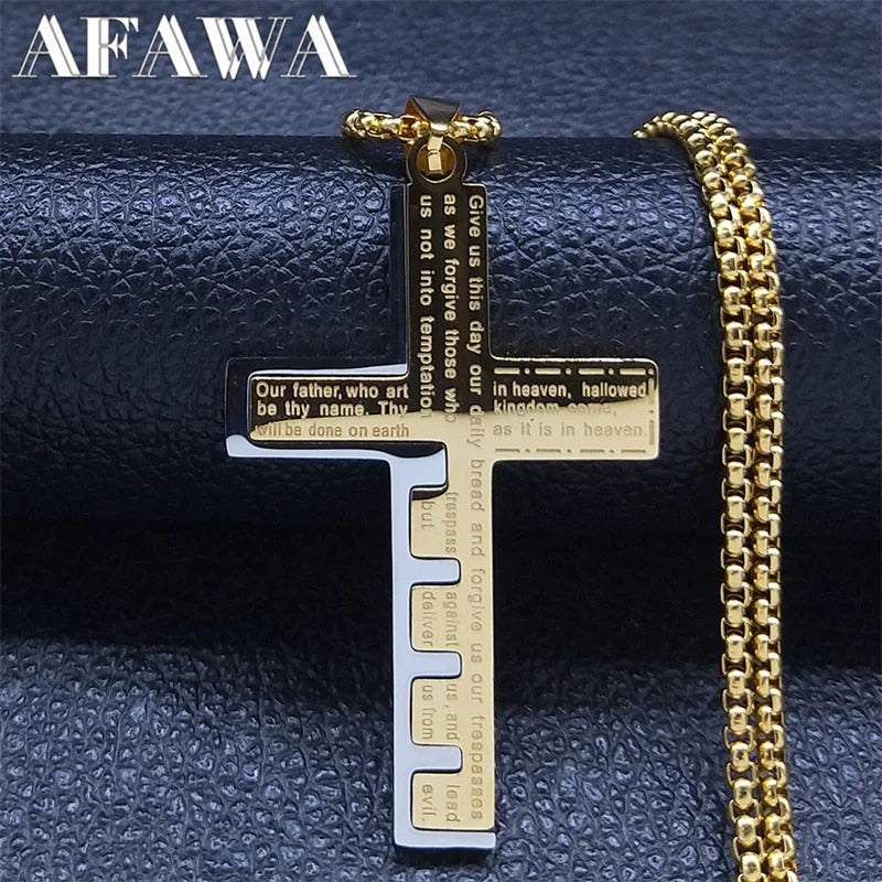 Cross Christian Church Prayer Necklace Men Stainless Steel Gold Color Bible Amu image 0