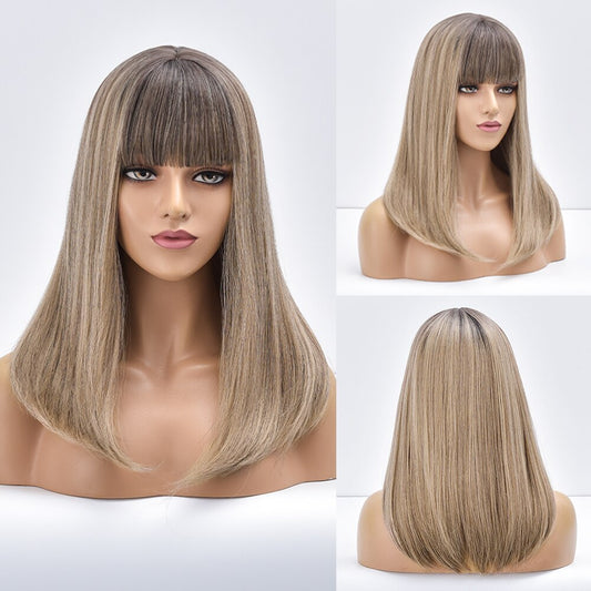 Blonde Ombre Long Straight Gold Synthetic Wig With Bangs For Black White Women image 0