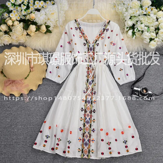Vintage Cotton Embroidery Floral Casual Loose Lace Up Boho Beach Mini Dress Wom image 0