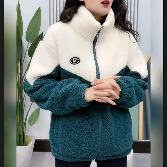 Women Jacket Colored Thickened Lamb Fleece Long Sleeve Mid Length Overcoat Warm image 0