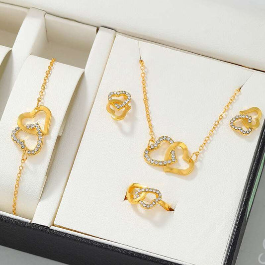 5PCS Set Gold-Color Heart Shaped Jewelry Sets Of Ring Earrings Necklace For Wom image 0