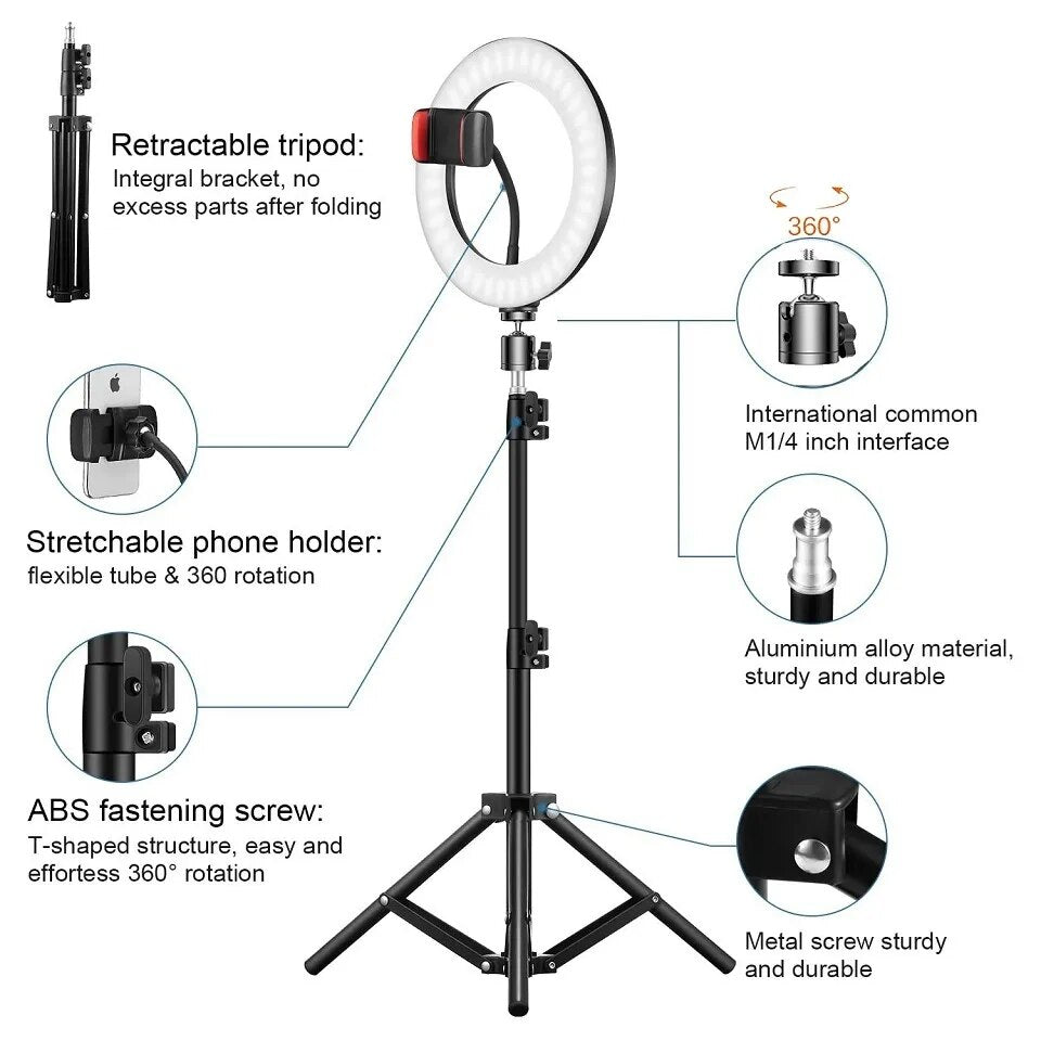 10" 26cm LED Selfie Ring Light Photography Video Light RingLight Phone Stand Tr image 8