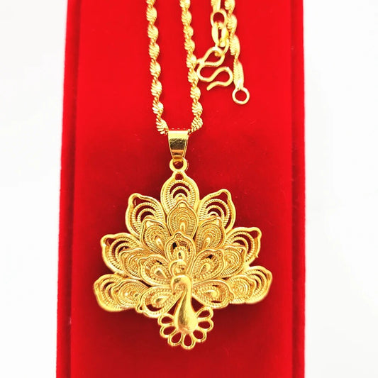 Charm Necklaces For Women 24K Yellow Gold Color Peacock Pendant Necklace Chain image 0