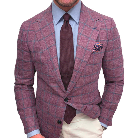 Men s  Fit Blazer Classic Checkered Design Single Color Lapel Long Sleeve Butto image 0