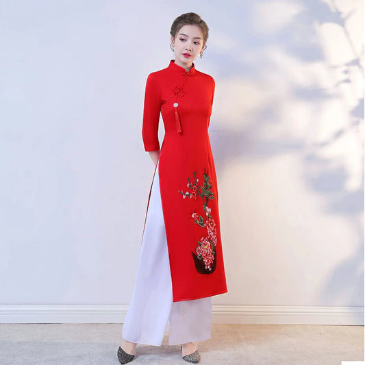 2024 Vietnam Ao Dai Cheongsam Traditional Oriental Dress Set Improved Vietnam A image 0